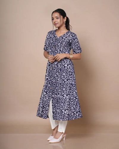Zyra Batik print A-line umbrella kurti in navy blue â€” front view | Kaarigar
