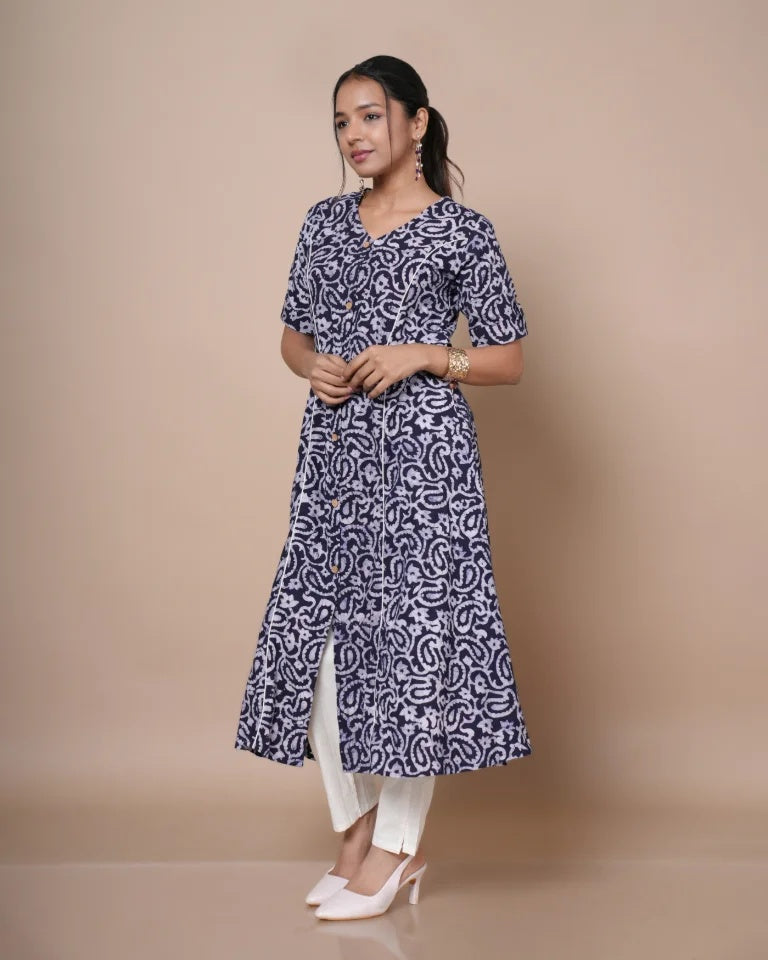 Zyra Batik print A-line umbrella kurti in navy blue â€” front view | Kaarigar

