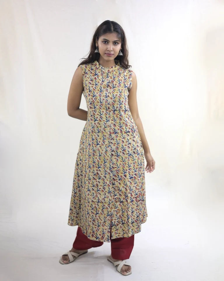 Tishaa Hand Block Kalamkari Cotton A-Line Umbrella