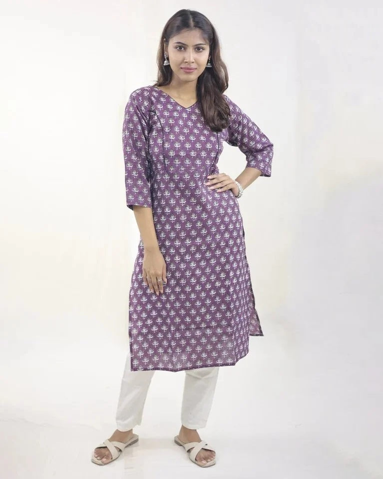 Elaaya Kantha print straight cut cotton kurti in plum — front view, full length, styled with white pants| Kaarigar