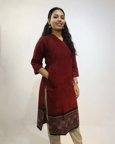Eshari Hand Block Ajrak Brush Print Cotton Kurti