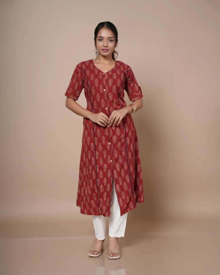 Zyra Ajrakh hand block print A-line umbrella kurti in madder red â€” front view | Kaarigar