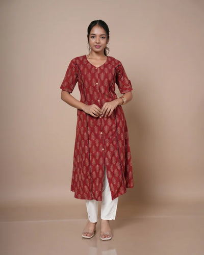 Zyra Ajrakh hand block print A-line umbrella kurti in madder red â€” front view | Kaarigar