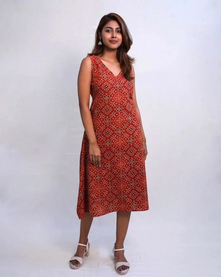 Oraya Hand Block Ajrak Cotton Dress
