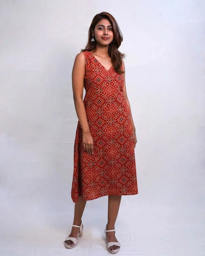 Oraya Hand Block Ajrak Cotton Dress