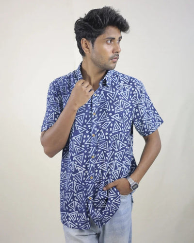 Neel Hand Block Indigo Kantha Cotton Shirt