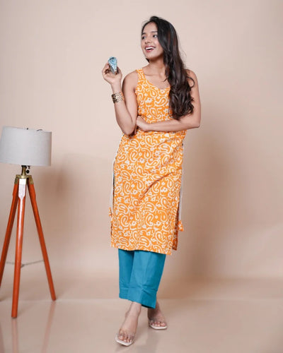 Kaarigar Ira Lace Craft Batik Print Cotton Straight Cut Kurti â€“ Lifestyle Front View