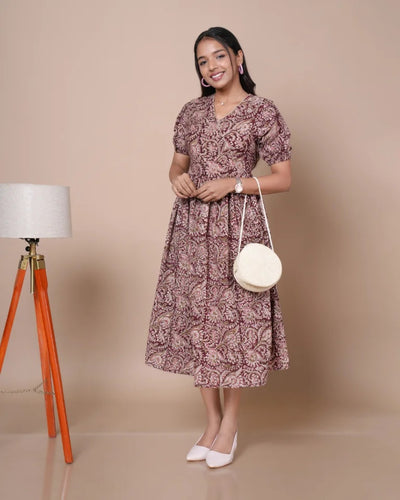 Elora Kalamkari print pure cotton dress â€” front view, full length