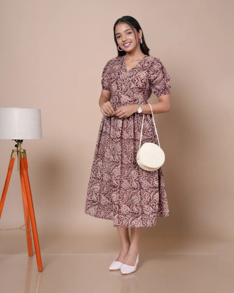 Elora Kalamkari print pure cotton dress â€” front view, full length