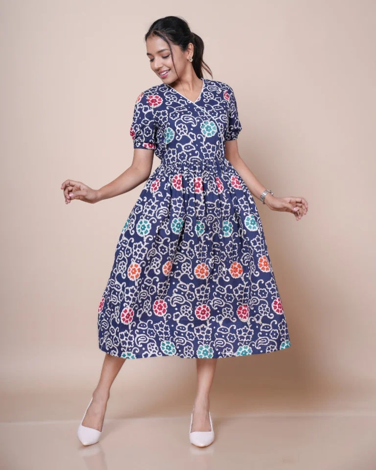 Elora Batik print pure cotton dress in navy blue â€” front view, relaxed fit with floral and paisley motifs| Kaarigar