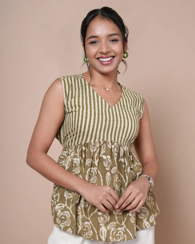 Siara Kashish print pure cotton peplum top in olive green â€” front view | Kaarigar