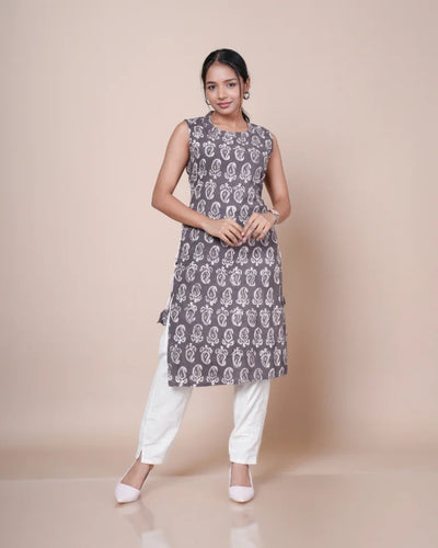 Kaarigar Ira Lace Craft Kashish Print Cotton Straight Cut Kurti â€“ Front View