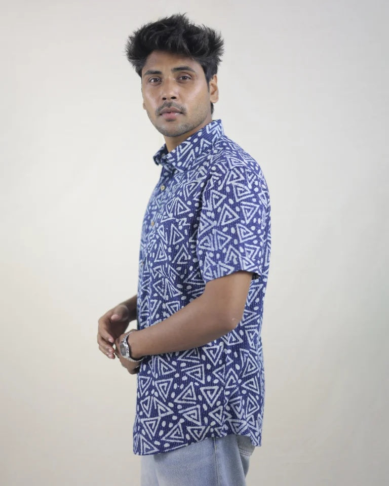 Neel Hand Block Indigo Kantha Cotton Shirt
