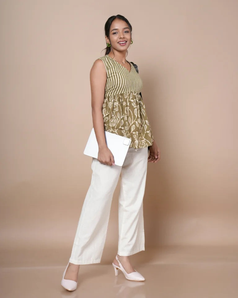 Siara Kashish print peplum top â€” full-length styled view with white trousers | Kaarigar