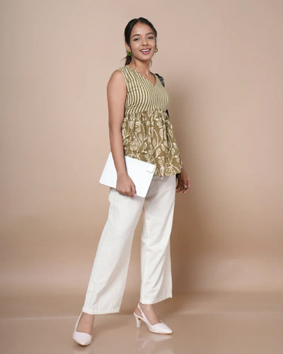Siara Kashish print peplum top â€” full-length styled view with white trousers | Kaarigar