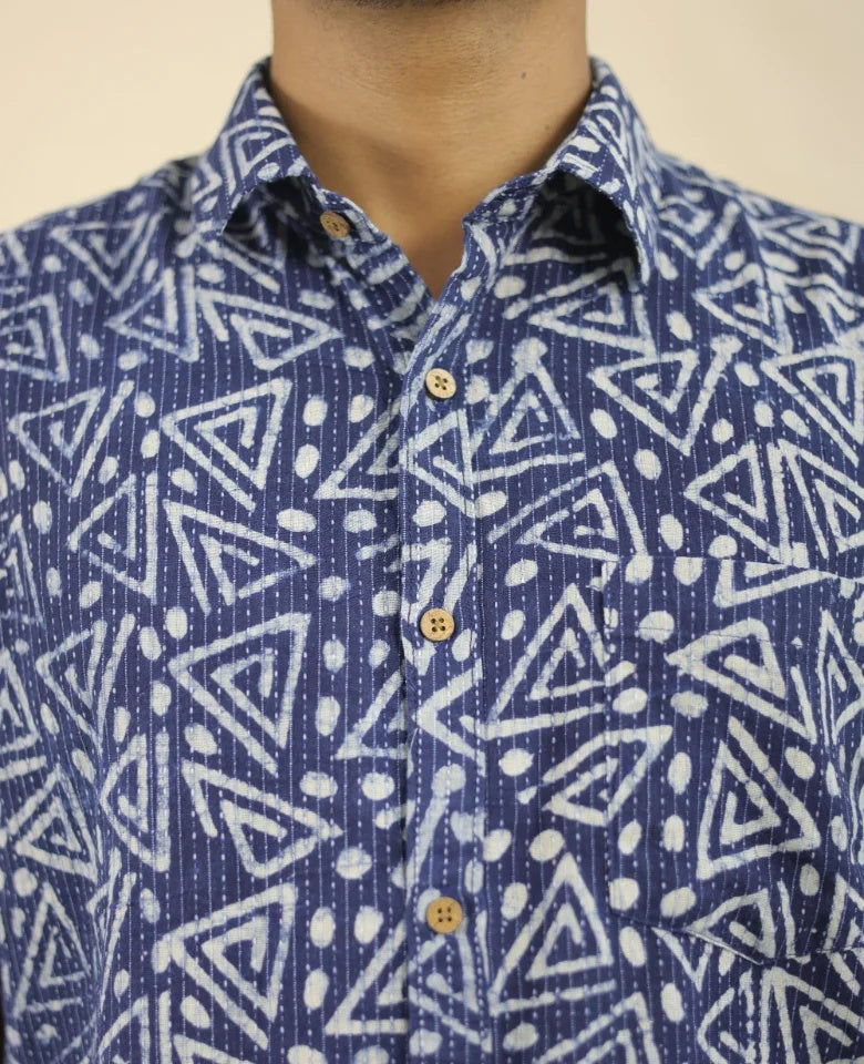 Neel Hand Block Indigo Kantha Cotton Shirt
