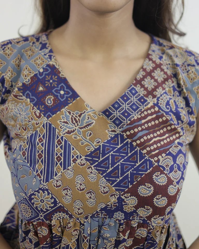 Siara Bagru hand block print sleeveless peplum top â€” multicolor patchwork detail | Kaarigar