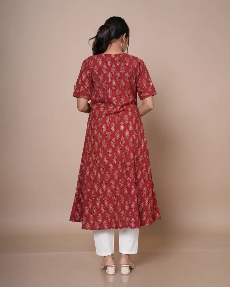 Zyra Ajrakh hand block print kurti in madder red â€” Back view | Kaarigar
