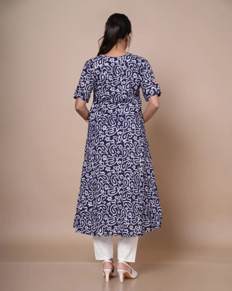 Zyra Batik print A-line umbrella kurti in navy blue â€” back view | Kaarigar