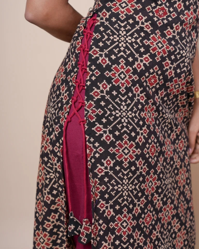 Lace Craft Detail on Ajrakh Cotton Kurti â€“ Close Up