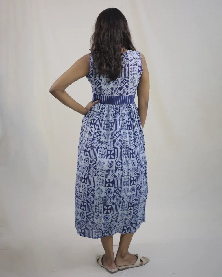 Avira Hand Block Indigo Cotton Dress