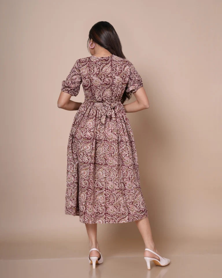 Elora Kalamkari print pure cotton dress â€” back view showing full silhouette by Kaarigar